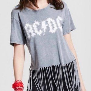 ACDC Fringe Short Sleeve T-Shirt Women's Gray Acid Wash Medium Music Cropped